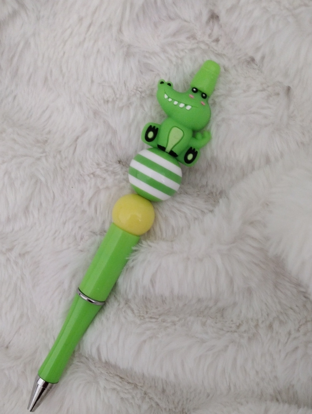 Green Crocodile Novelty Pen - Cute Striped Bead Design